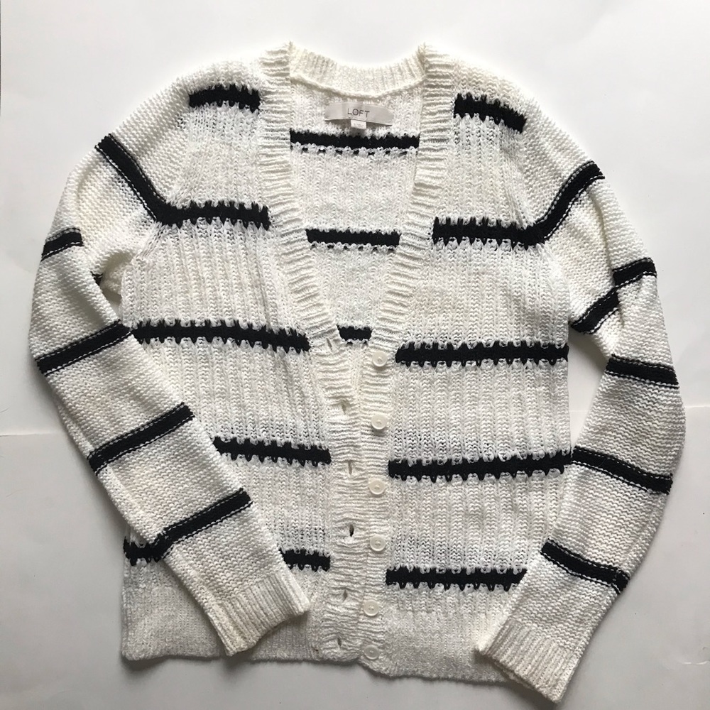 LOFT Stripe Black White Button Up Cardigan Sweater - Picture 1 of 8